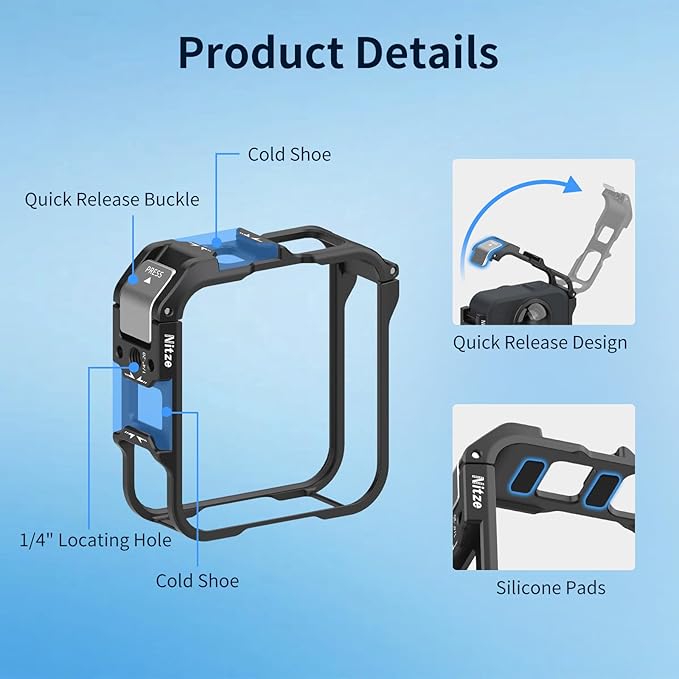 Nitze MAX2 Cage for GoPro MAX2 360 Action Camera, Aluminum Alloy Protective Cage with Built-in Cold Shoe and 1/4" Locating Hole - T-GP04A