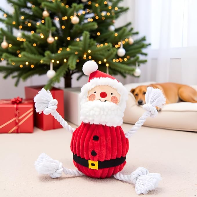 Pearhead The Real Santa Claus Holiday Dog Toy, Durable Corduroy Rope Toy, Stuffed Plush Chew Toy with Loud Squeaker, Christmas Stocking Stuffer for Pets