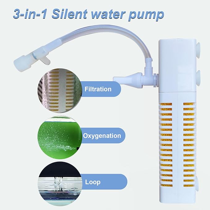 Aquarium Filter USB Charging Aquarium pumpss 3-in-1 Quiet Aquarium Filter pumps with Washable Filter Sponge Fish Tank Filter for Filtration, Oxygenation, Circulation, Fish Tank Filters