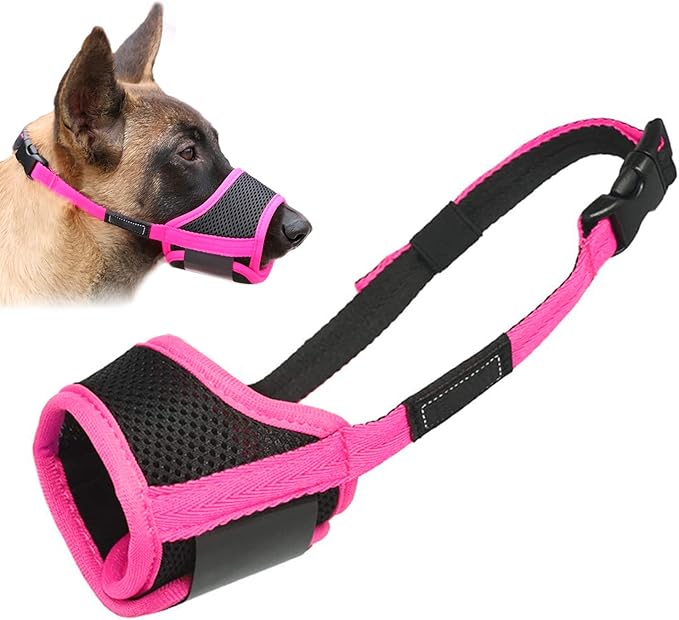 LUCKYPAW Dog Muzzle Anti Biting Barking and Chewing with Comfortable Mesh Soft Fabric and Adjustable Strap, Suitable for Small, Medium and Large Dogs(Hot Pink,L)