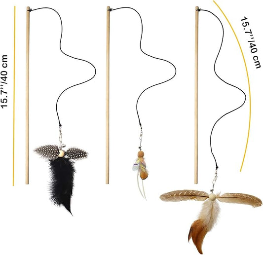 IUHKBH Cat Wand Toy, 3 Pack Feather Sticks with Bell Wooden Handle Interactive Teaser Toys for Indoor Cats Kittens Boredom Relief Exercise