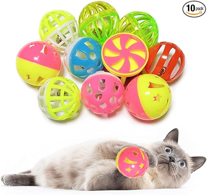 Cat Jingle Balls Toys 10Pcs 6 Styles for Indoor Cats - Plastic Lattice Cat Balls with Bells Kitten Rattle Toy, Gift Box and 1.5"