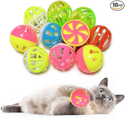 Cat Jingle Balls Toys 10Pcs 6 Styles for Indoor Cats - Plastic Lattice Cat Balls with Bells Kitten Rattle Toy, Gift Box and 1.5"