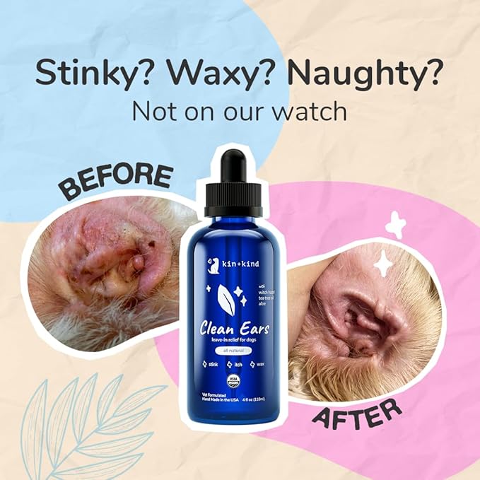 kin+kind Clean Ears - Natural Leave-in Dog Ear Cleanser - Certified USDA Organic - Fragrance Free - 12 fl oz