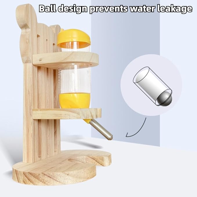 Hamster Water Bottle with Wooden Stand No Drip Water Bottle Leakproof Guinea Pig Water Bottles Small Animal Water Dispenser/Feeder for Hamster Guinea Pig Gerbils Mice Rabbit (with Feeder)