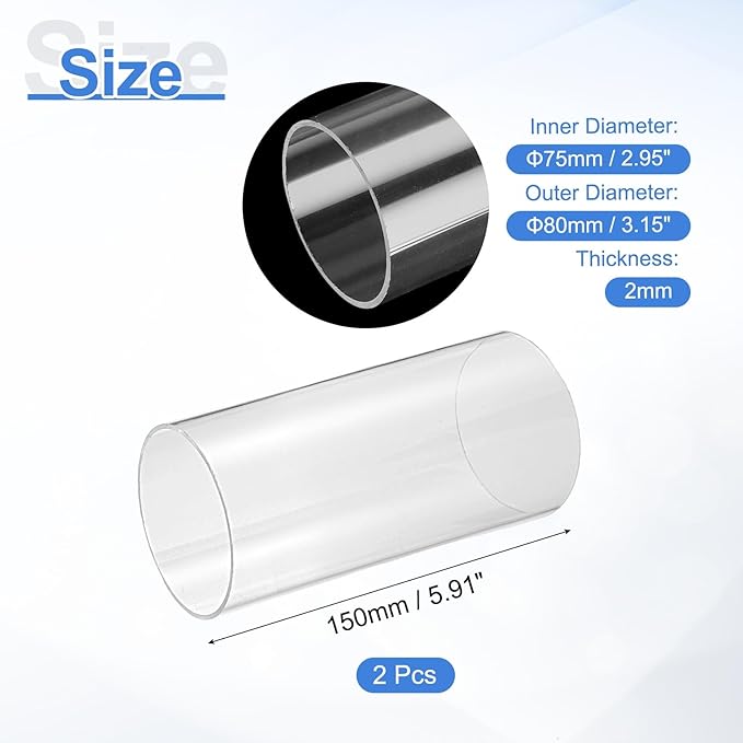 uxcell 2Pcs Clear Rigid Acrylic Pipe, 75mm(2.95") ID x 80mm(3.15") OD 6" Round Polycarbonate Tube Plastic Tubing for Plumbing, Lighting, Aquarium, DIY Projects