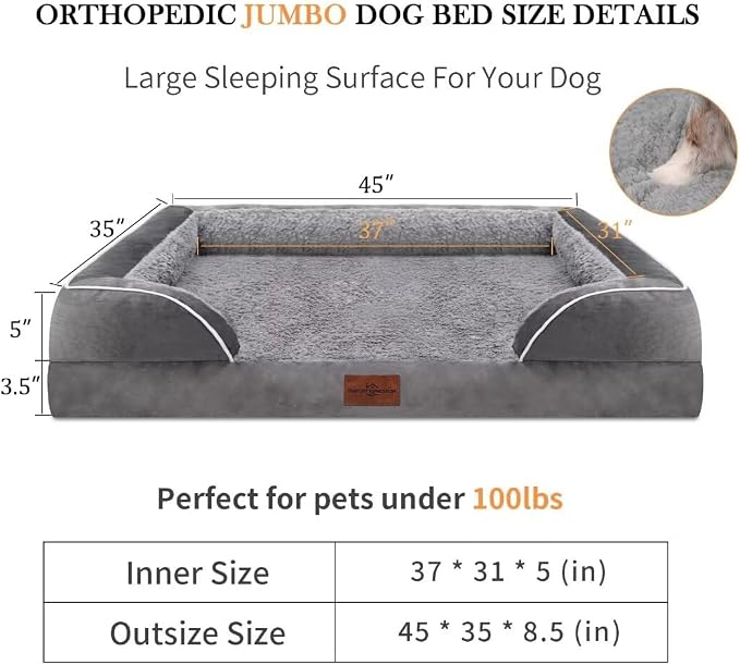 Comfort Expression Orthopedic Dog Bed for Extra Large Dogs with Bolster | Waterproof Dog Couch Bed with Washable Cover & Non-Slip Bottom, Supportive Egg Crate Foam XL Pet Bed, 45x35 Inch