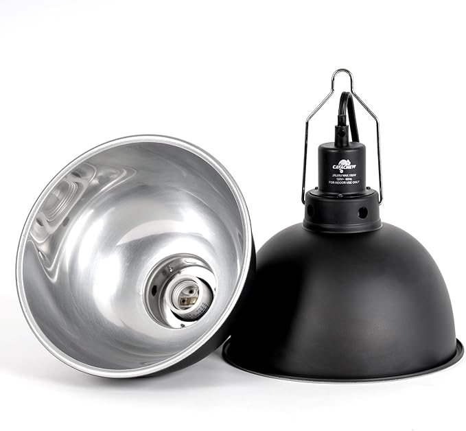 2 Pack Reptile Light Fixture, 8.5in Deep Dome Reptile Lamp Fixture, Optical Reflection Cover, Separate Switch & Hook, Terrarium Light Fixture for Reptile Heat Basking UVB Bulbs, 150W, Black