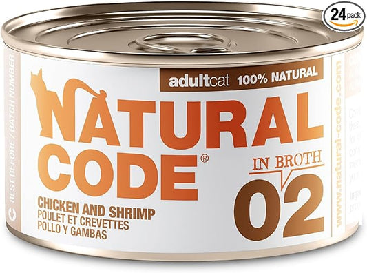 Natural Code - 24 Pack Wet Cat Food, Limited Ingredient Cat Food, High-Protein, Non-GMO, No Artificial Additives, Made in Italy, Chicken & Shrimp in Broth for Adult Cats, 3 oz
