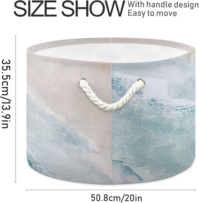 Beach Wave Print Round Storage Basket Blue Sea Ocean Watercolor Wave Large Laundry Hamper 20 x 20 x 14 Inches Organizer Bin with Handles Clothes Storage Bag for Nursery Bedroom Living Room Decor