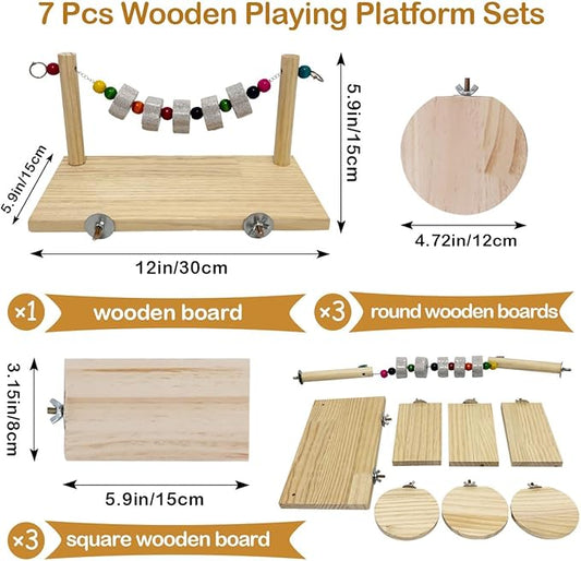 7 Pcs Chinchilla Ledges Wood Sets, Hamster Wooden Stand Platform with Lava Ledge Blocks Chew Toys Small Animal Cage Accessories for Rat Gerbil Guinea Pig Parrot Chipmunk Squirrel Mouse