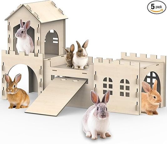 Large Bunny Castle for Rabbits, Wooden Dual-Layer Rabbit House with Stair, Rubber Band-Free Setup - Chew-Proof, Sturdy Habitat for Guinea Pig Chinchilla Ferret (Rabbit House)