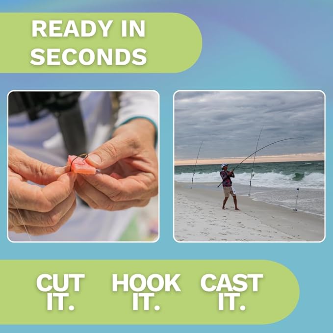 FishGum Surf Fishing Bait Strips for Saltwater Beach Fishing – Real Shrimp, Crab, Clam & Sand Flea Infused Scent – Artificial Cut Bait for Pompano, Redfish & Flounder