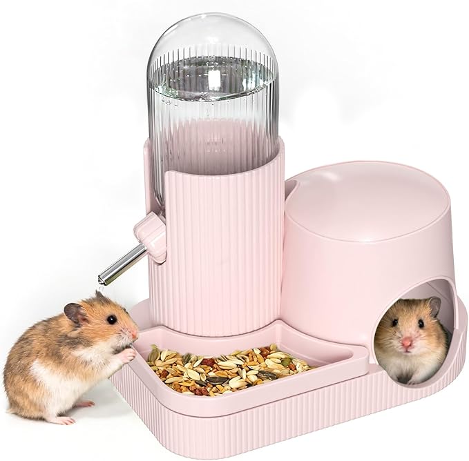 3 in 1 Hamster Water Bottle No Drip Automatic Water Dispenser with Food Bowl Container & Hideout Base Hut for Dwarf Hamster Mouse Rat Gerbils Mice Cage Accessories (Pink)