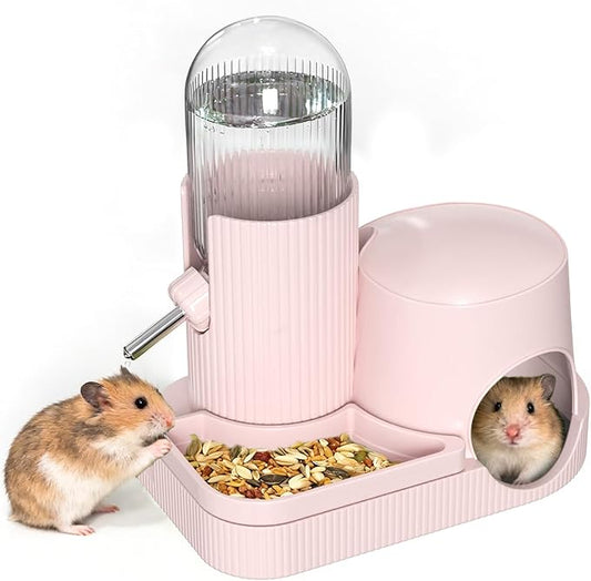 3 in 1 Hamster Water Bottle No Drip Automatic Water Dispenser with Food Bowl Container & Hideout Base Hut for Dwarf Hamster Mouse Rat Gerbils Mice Cage Accessories (Pink)