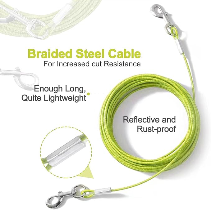 Tie Out Cable for Dogs,10/20/30/50/100FT Dog Leads for Yard Chew Proof,Heavy Duty Tie Out Cable for Large Dogs Up to 125lbs,Dog Runner Tether (Green, 125Ibs 50ft)
