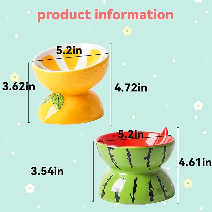 Hamiledyi Ceramic Raised Cat Bowl 2PCS Anti Vomiting Elevated Tilted Cat Food & Water Bowls Pet Feeder Dish for Indoor Kitty and Small Dogs (Watermelon & Lemon)