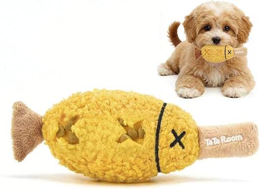 Grilled Fish Skewer Hide & Seek Plush Toy for Small Dogs & Puppies: Treat Dispensing Pocket, Squeaker and Crinkle Sounds, Tear-Resistant Chew for Aggressive Chewers