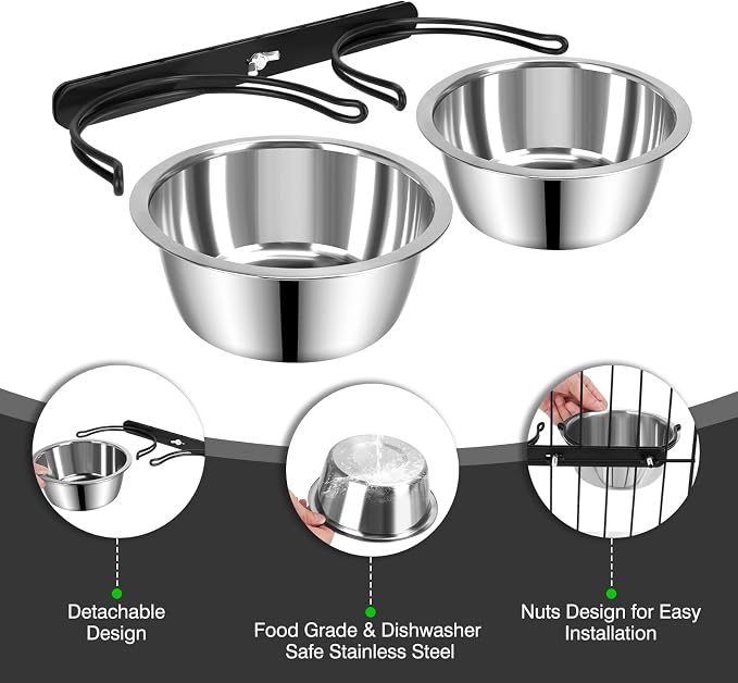Dog Crate Water Bowl No Spill, 2 Pack Pet Stainless Steel Kennel Food Bowls | Hanging Non-tipped Design, Holds 27oz/Bowl, Promotes Elevated Feeding, for Kennel & Cage, Durable Metal Construction