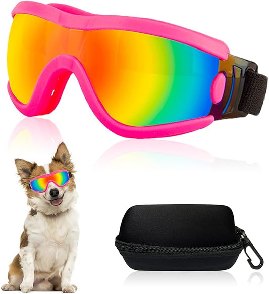 Dog Goggles Small Breed Dog Sunglasses with Adjustable for UV Protection Eyewear Doggy Doggie Puppy Glasses Anti-Fog Wind Dust Snowproof (Pink Frame Red Lens)