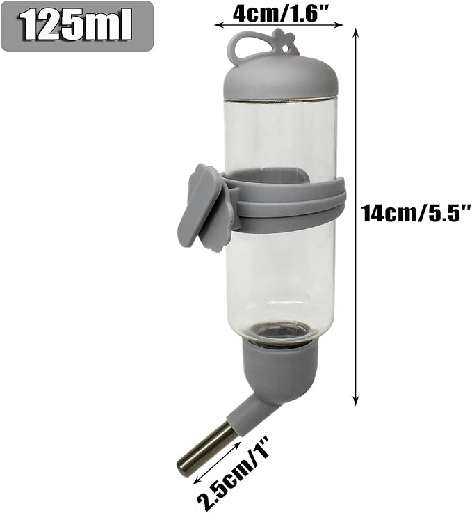 125ml Guinea Pig Water Bottle/Feeder for Hamsters/Hedgehogs/Gliders/Rabbit/mouses/Other Small Pets and Animals,Suitable for Cages, Boxes or Wall-Mounted (Grey, 125ml)