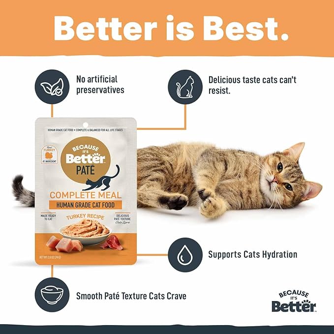 Because It’s Better Pate Complete Meal - Wet Cat Food - Real Turkey Recipe - Organic, Balanced, Smooth Pate Texture, Human-Grade Ingredients, Grain Free, 2.6 oz Pouches (12 Count)