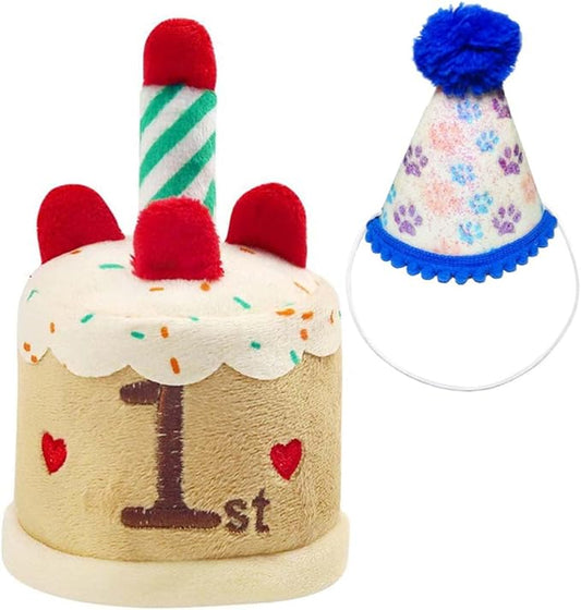 Cat Birthday Toy Kitten Cake with Birthday Hat Puppy Dog Plush Gift for Small Medium Pet (1 Year)
