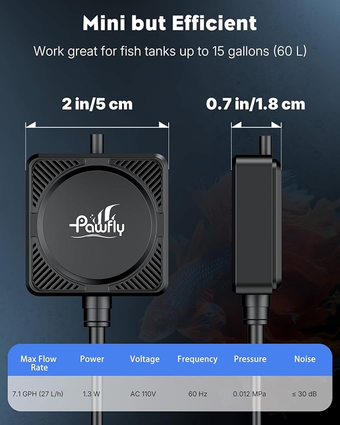Pawfly Nano Silent Aquarium Air Pump, Mini Bubbler with Accessories, 1.3 W Portable Oxygen Aerator for 1-15 Gallon Fish Tanks, 450 mL/min
