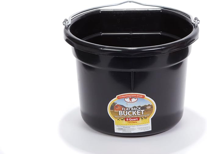 Little Giant® Flat Back Plastic Animal Feed Bucket | Animal Feed Bucket with Metal Handle | Horse Stall Feeding and Watering Supplies (Black, 8 Quart)