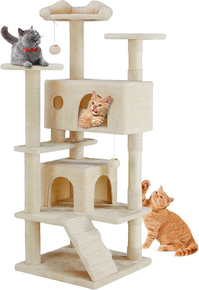 DUMOS 54 Inch Indoor Cat Tree Tower with Scratching Posts, Multi-Level Pet House for Large Cats with 2 Condos, Round Platform, Small Ladder, and Toys – Perfect for Cats of All Ages, Beige