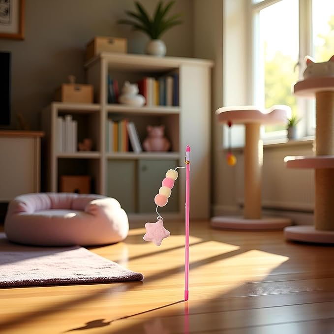 Pink Cat Stick Toy, Cat Teaser Wand Toys, Interactive Cat Toys, Elastic Rope Plush Ball Star Pendant Bite Comfortable Grip, Indoor Kitten Wand Mice and Animals