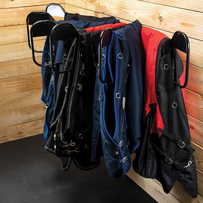 EASY-UP Mounted Blanket Pad Rack | Organize and Dry Horse Gear | Ideal for Narrow Spaces | Holds 6 Hanging Arms | Swivel Arms for Spacing | Color Black