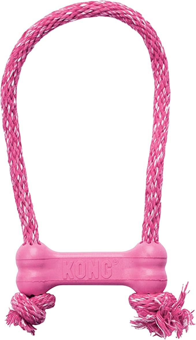 KONG Puppy Goodie Bone with Rope - Natural Rubber Bone with Cotton Rope - Teeth Cleaning Chew Toy for Growing Puppies - for XS Puppies - Pink
