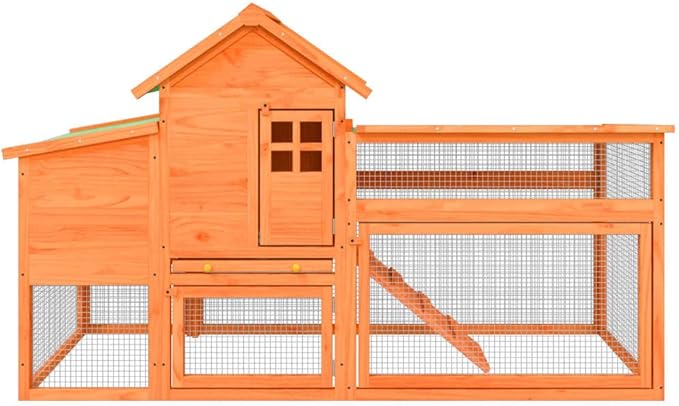 Large Chicken Coop for Backyard, Outdoor Poultry House with Nesting Box and Storage, Solid Pine Wood and Plywood Construction, Rustic Rabbit Hutch, Brown 73.4 x 23.0 x 44.5 Inch