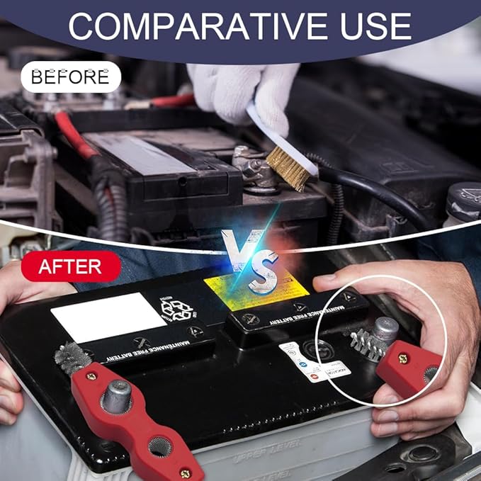 Car Battery Terminal Cleaning Brush, 4 in 1 Auto Battery Terminal Cleaning Tools, Copper Pipes Cleaner Brush Tool, Universal Battery Terminals Machine Parts Cleaning Tool (Red, 2PCS)