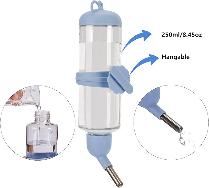 Sangle Sopffy Rabbit Feeder and Water Dispenser Set, Gravity Food Bowl with Water Bottle for Cage, Small Animal Feeding Station for Bunny, Guinea Pig, Chinchilla, Ferret, Hedgehog, Blue 2-Piece Set