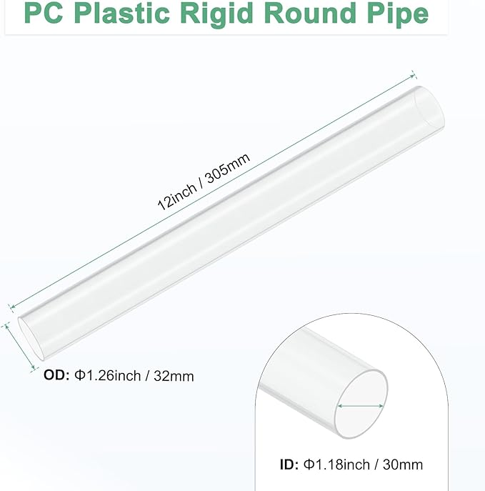 M METERXITY 1-Pack Clear Plastic Tube, 30mm[1.18"] ID x 32mm[1.26"] OD High Impact Rigid Polycarbonate Round Pipes for Water Plumbing/Lighting/Aquariums/Models, Plastic Tubing [305mm/12IN]