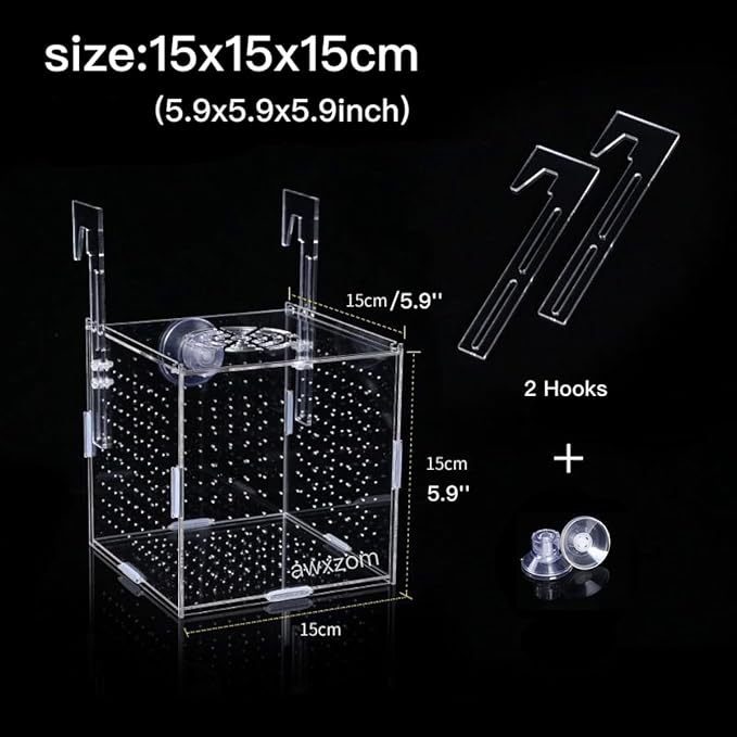 AWXZOM Acrylic Fish breeding Box, Acrylic Fish Isolation Box, Fish Separator for Aquarium, Hatchery Incubator with Suction Cups for Small Baby Fishes Shrimp Clownfish Guppy (5.9 * 5.9 * 5.9inch)