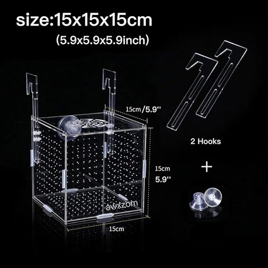 AWXZOM Acrylic Fish breeding Box, Acrylic Fish Isolation Box, Fish Separator for Aquarium, Hatchery Incubator with Suction Cups for Small Baby Fishes Shrimp Clownfish Guppy (5.9 * 5.9 * 5.9inch)