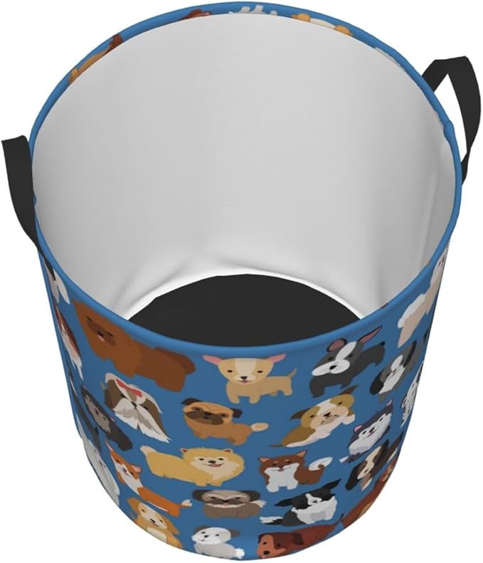 Cute Dogs Blue Round Laundry Hamper Storage Basket Toys Clothes Organizer Bin For Home Bathroom Bedroom Dorm Nursery, 38l