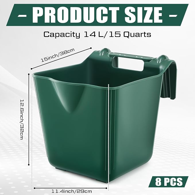 Marsui 8 Pcs 15 Quart Horse Feeders for Stall Hook Over Hanging Fence Hay Feeder Mountable Livestock Plastic Feed Bucket for Farm Stalls Pasture, Stable to Feed Horses Sheep Cattle Cows Etc (Green)