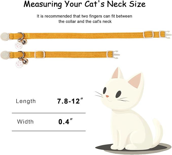 2 Pack Corduroy Cat Collars - Cute Breakaway Cat Collar with Bell and Paw Pendant, Soft Adjustable Fall Winter Kitten Collars for Girl Boy Cats, Yellow&White