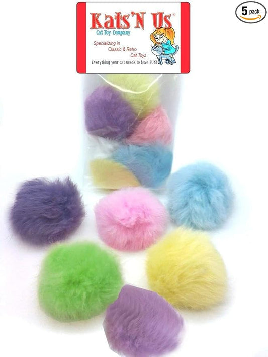 Kats'N Us 2 Inch Real Rabbit Fur Pom Pom Cat Toy Balls – 5 Pack Multicolored Soft Colorful Furry Balls, Natural Prey-Like Interactive Play, Hunting Instinct Exercise & Training Toys for Indoor Cats