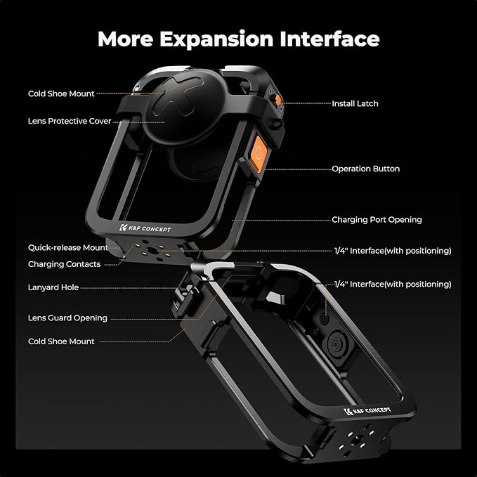 K&F CONCEPT Upgrade Metal Camera Cage Compatible with DJI Osmo 360 Accessories, Aluminum Protective Case | with Silicone Lens Cover | Expansion Frame with 2 Cold Shoe Mount | Built-in Charging Contact