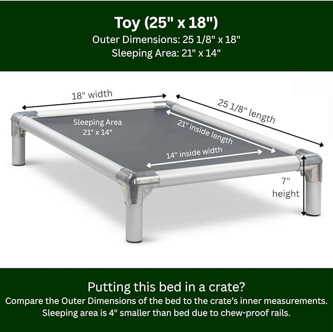Kuranda Chewproof Elevated Dog Bed - Silver Aluminum - 25" x 18" - Heavy Duty Vinyl - Smoke