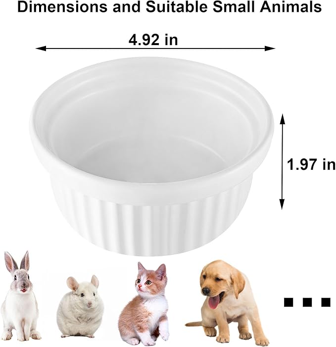 Rabbit Hanging Ceramic Bowl, Removable Cage Feeder Thick Ceramic Bowl with Stainless Steel Support Pet Water Food Bowl for Small Animal Chinchilla Ferret Guinea Pig Cat (4.92 * 1.97”) (White-2 Pack)