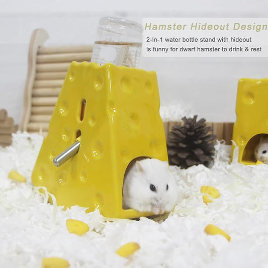 Adjustable Water Bottle Holder - 125ML Syrian Hamster Water Bottle with Widen Bottom Stand Anti-Fall, Ceramic Cheese Water Dispenser for Mice, Gerbil