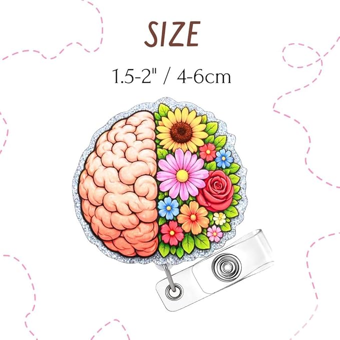 Floral Brain Badge Reel Anatomy Cancer Mental Health MRI Medical Hospital Accessories Name Holder with Retractable Clip Gift for Neuro Nurse Neurology Neurologist CNA RN Psychologists Psychiatrists