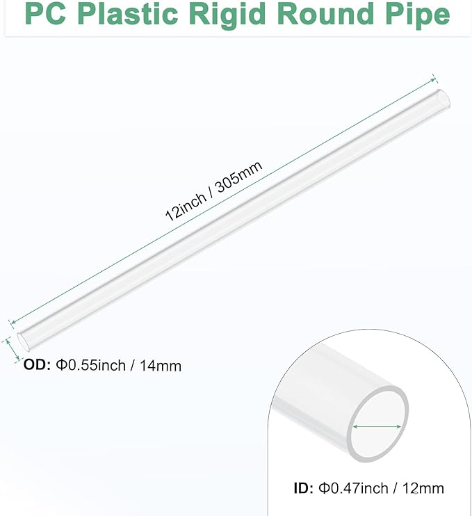M METERXITY Clear Plastic Tube, 12mm[0.47"] ID x 14mm[0.55"] OD High Impact Rigid Polycarbonate Round Pipes for Water Plumbing/Lighting/Aquariums/Models, Plastic Tubing [305mm/12IN]