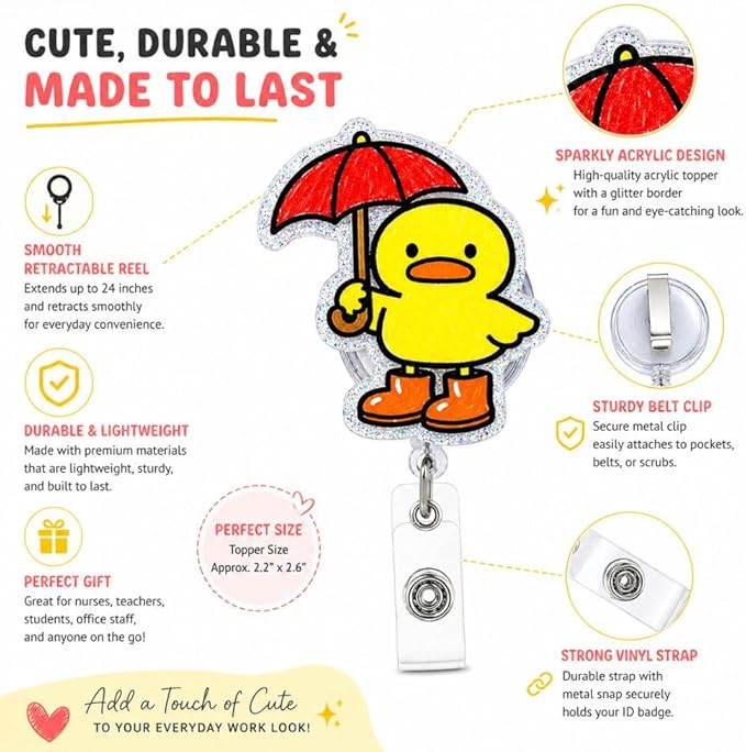 Duck in Rain Boots Badge Reel Glitter Cute Acrylic Office Teacher Nurse Funny Retractable ID Card Holder Clip Name Tag Alligator Swivel Durable Easter Spring Summer Gift Women Work Accessories